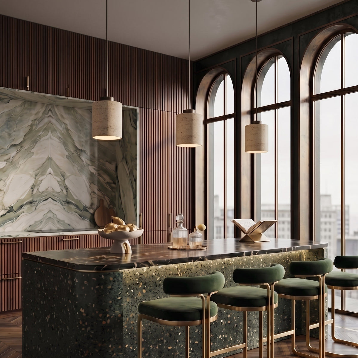 Travertine Pendant Light with Wood Cap Detail - Pendant Light Fixtures - Walnut - Seravelle Home