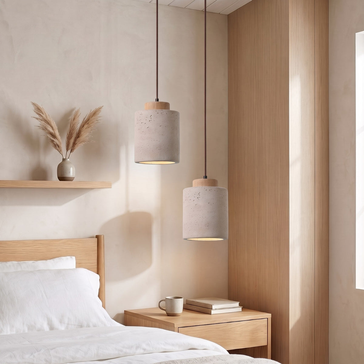 Travertine Pendant Light with Wood Cap Detail - Pendant Light Fixtures - Oak - Seravelle Home