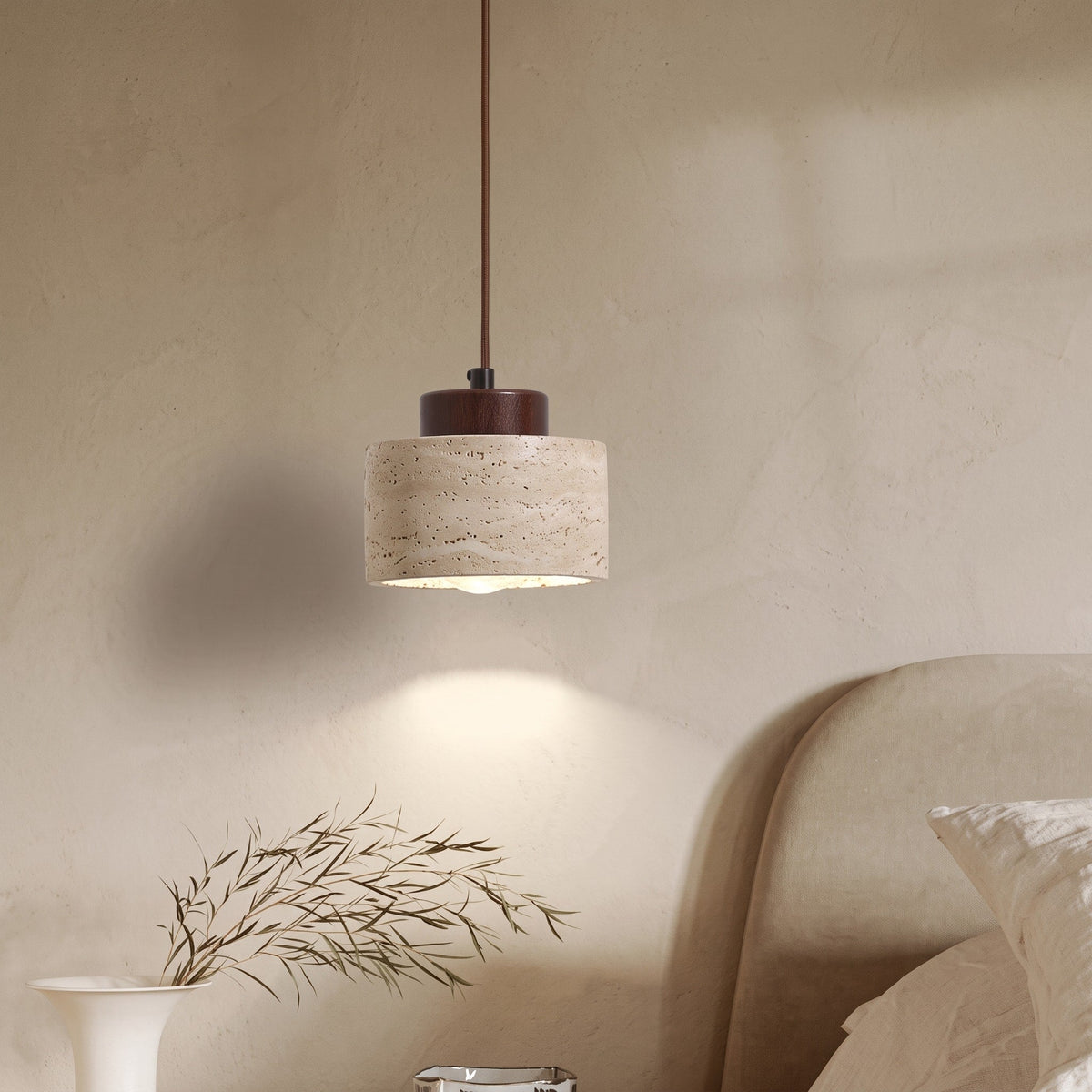 Travertine Pendant Light with Wood Cap Detail - Pendant Light Fixtures - Walnut - Seravelle Home