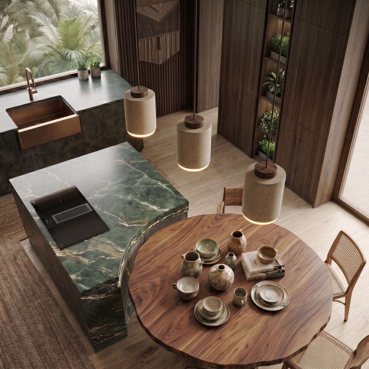 Travertine Pendant Light with Wood Cap Detail - Pendant Light Fixtures - Walnut - Seravelle Home