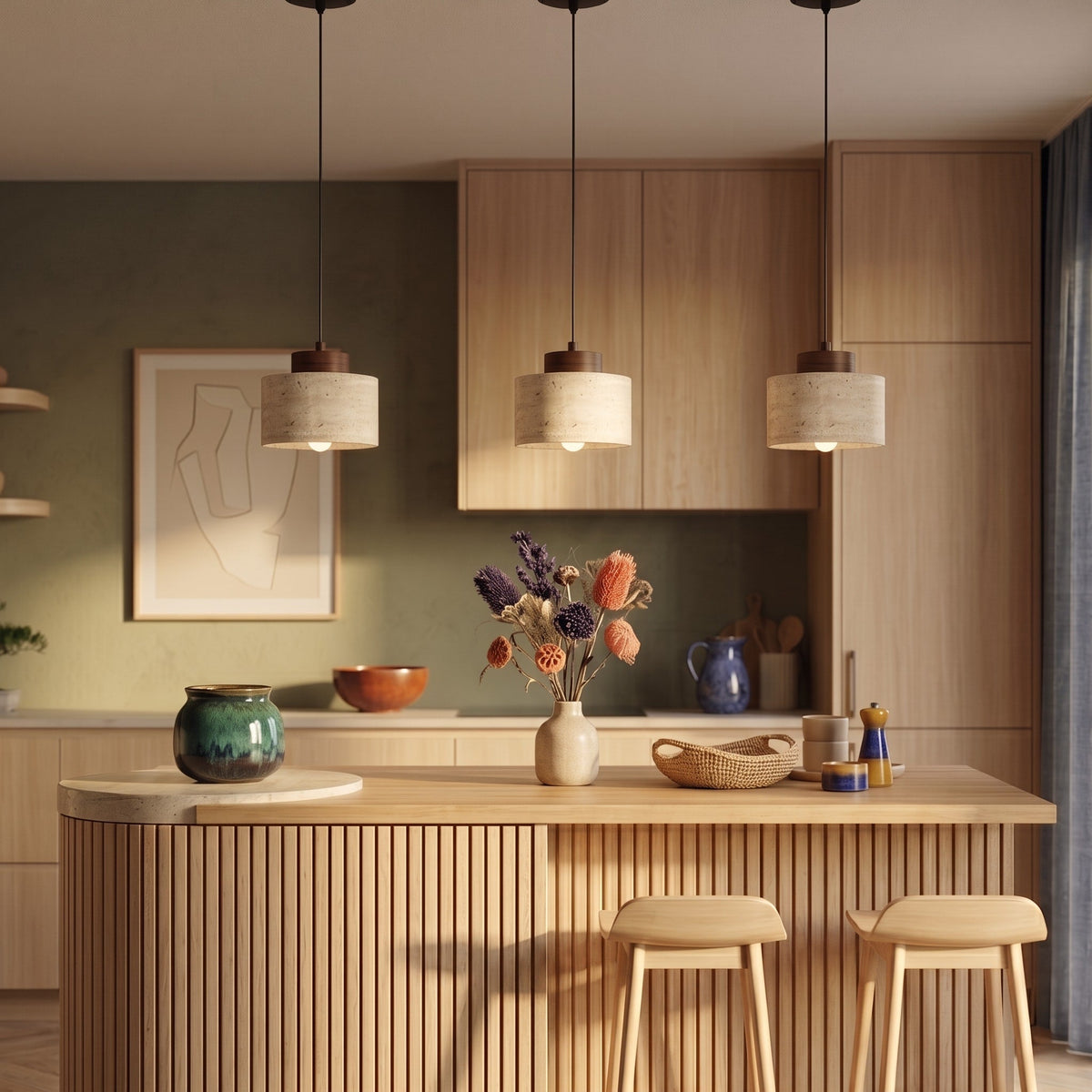 Travertine Pendant Light with Wood Cap Detail - Pendant Light Fixtures - Walnut - Seravelle Home