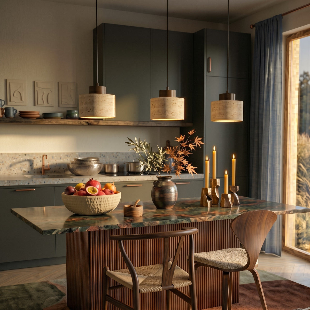 Travertine Pendant Light with Wood Cap Detail - Pendant Light Fixtures - Walnut - Seravelle Home