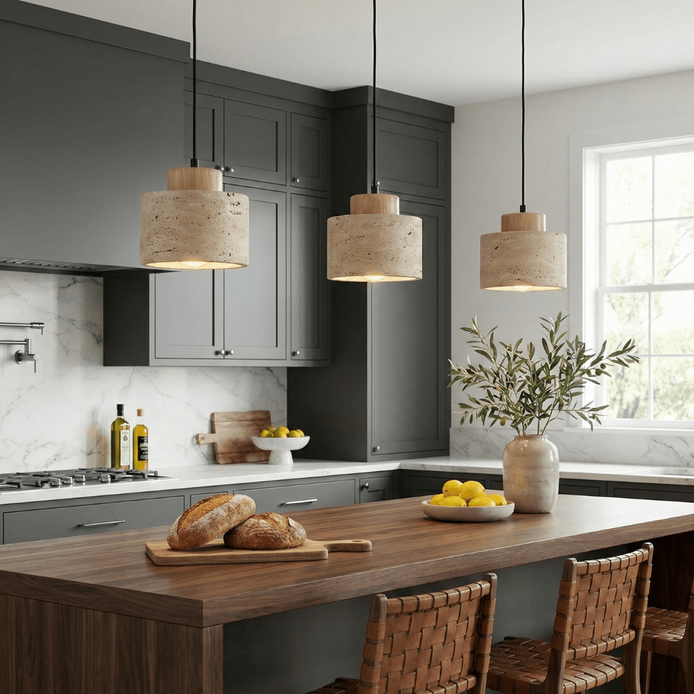 Travertine Pendant Light with Wood Cap Detail - Pendant Light Fixtures - Oak - Seravelle Home