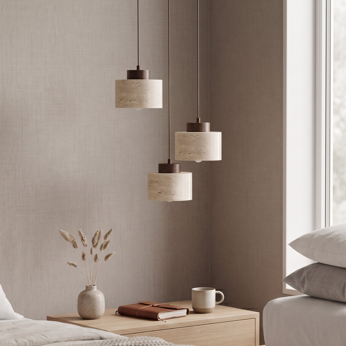 Travertine Pendant Light with Wood Cap Detail - Pendant Light Fixtures - Walnut - Seravelle Home