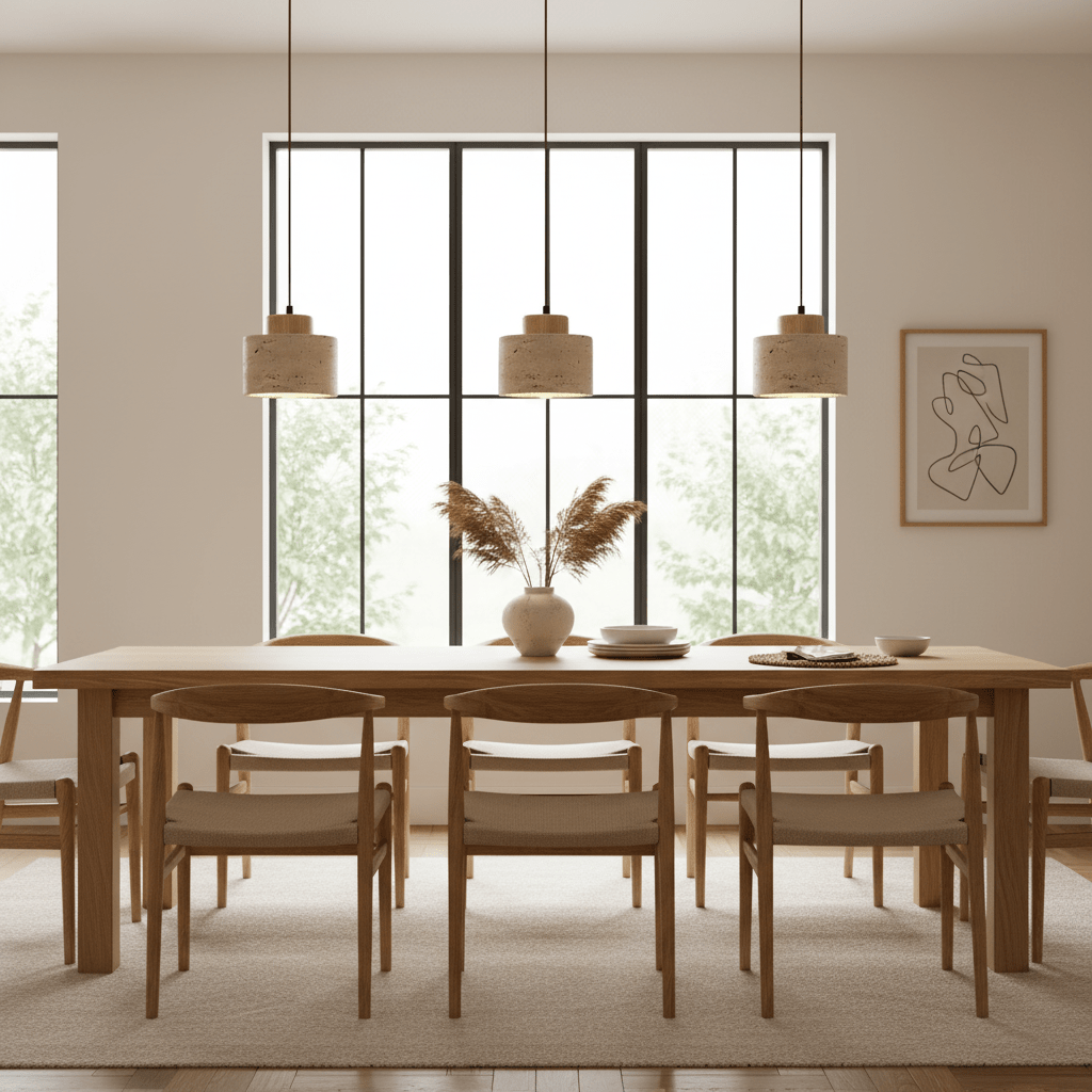 Travertine Pendant Light with Wood Cap Detail - Pendant Light Fixtures - Oak - Seravelle Home