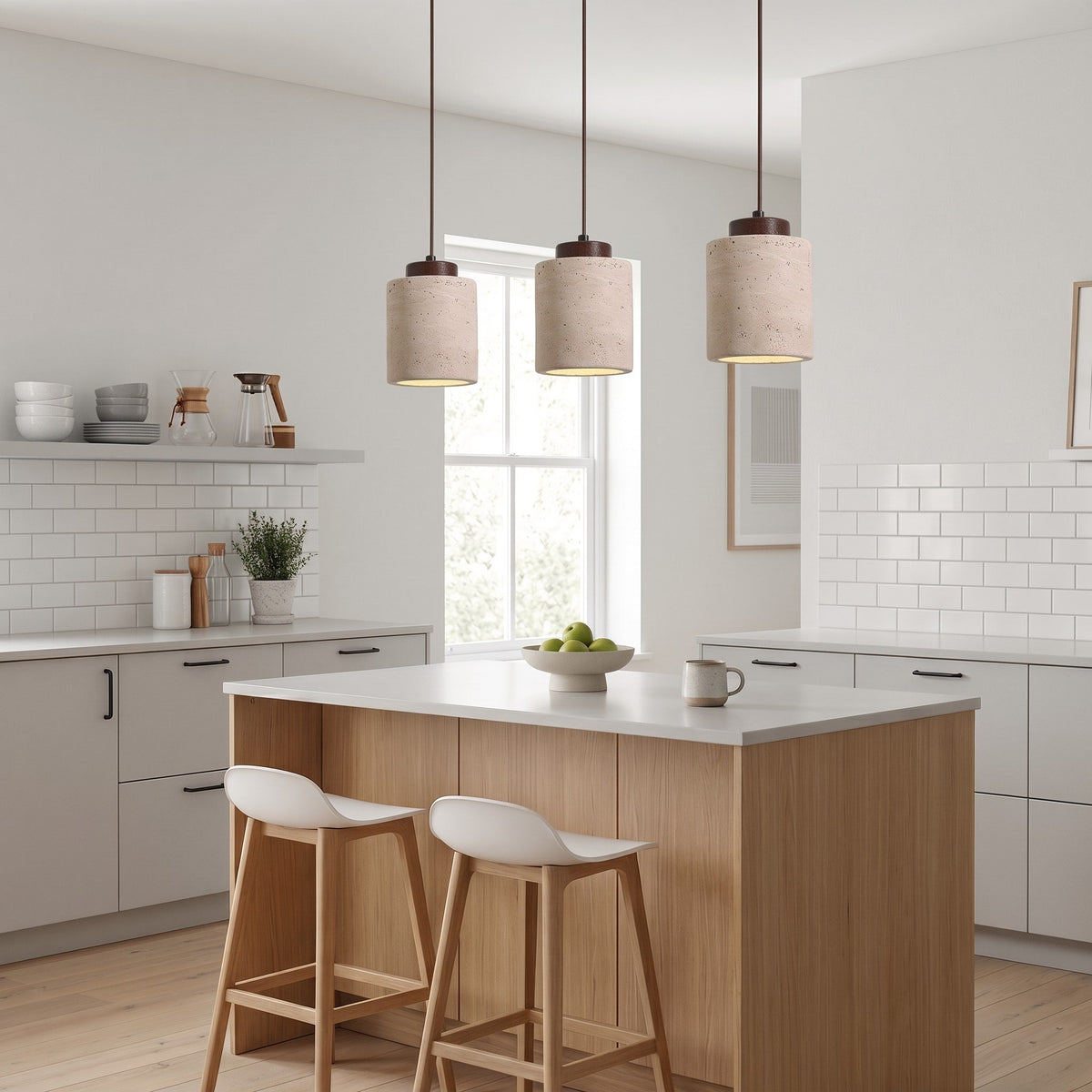 Travertine Pendant Light with Wood Cap Detail - Pendant Light Fixtures - Walnut - Seravelle Home