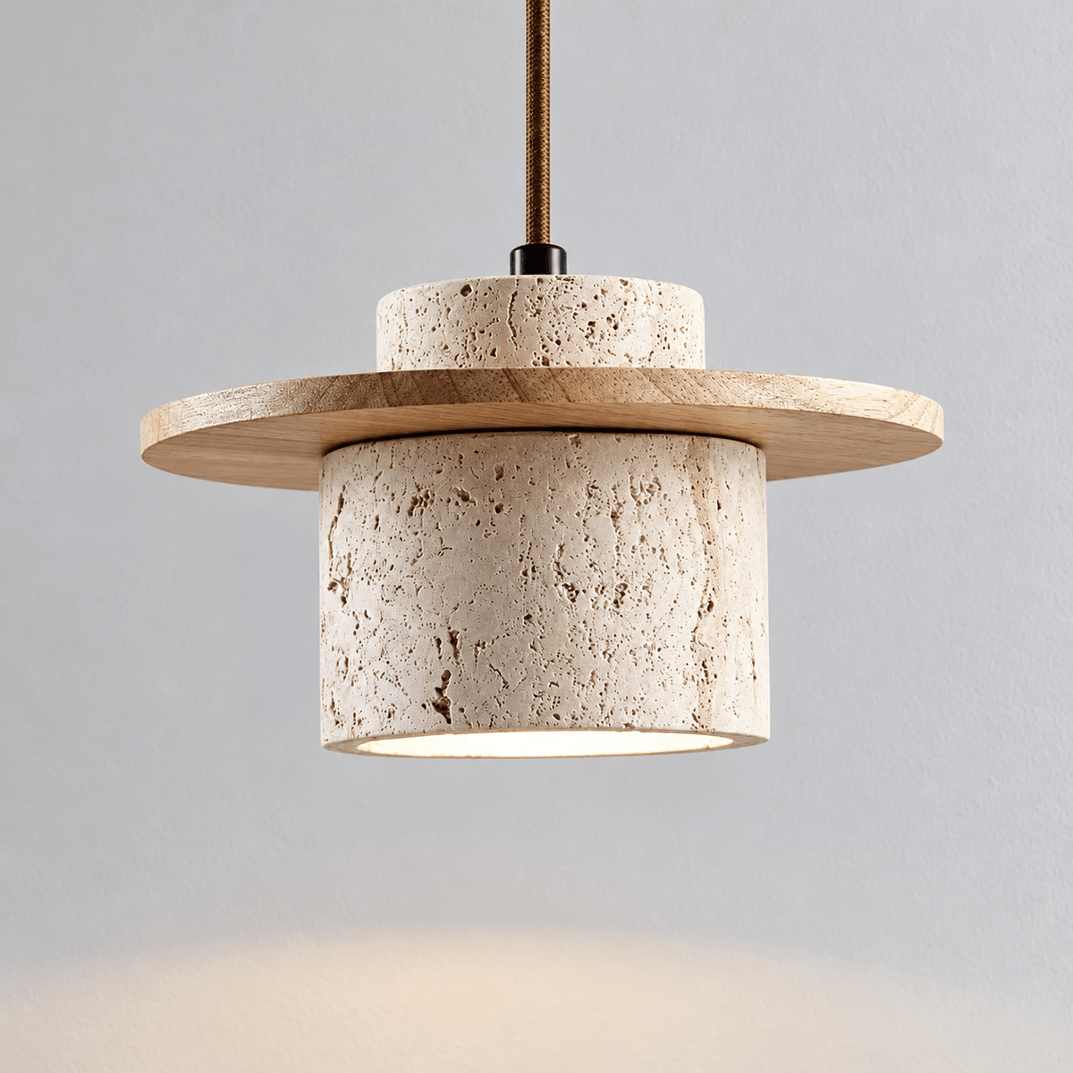 Travertine Stone Pendant Light with Round Wood Trim Disc - Pendant Light Fixtures - Light Brown - Seravelle Home