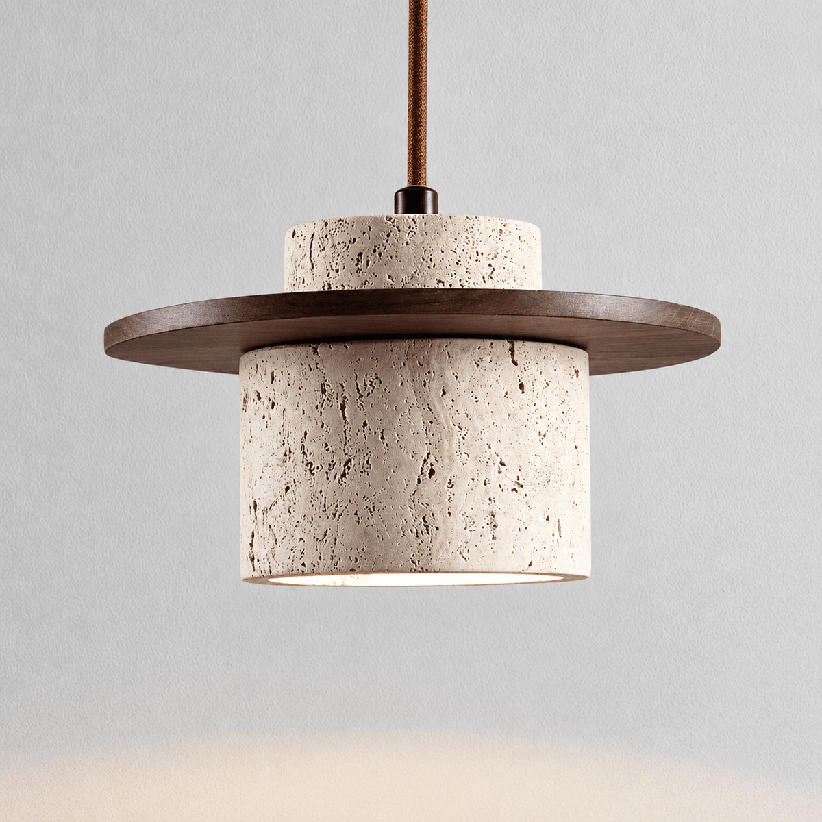 Travertine Stone Pendant Light with Round Wood Trim Disc - Pendant Light Fixtures - Dark Brown - Seravelle Home