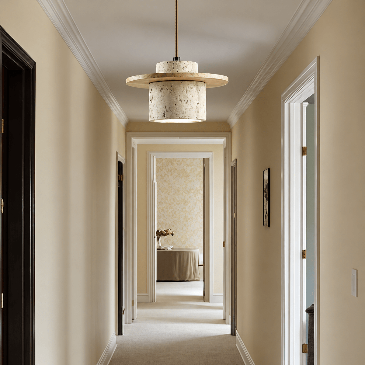 Travertine Stone Pendant Light with Round Wood Trim Disc - Pendant Light Fixtures - Light Brown - Seravelle Home