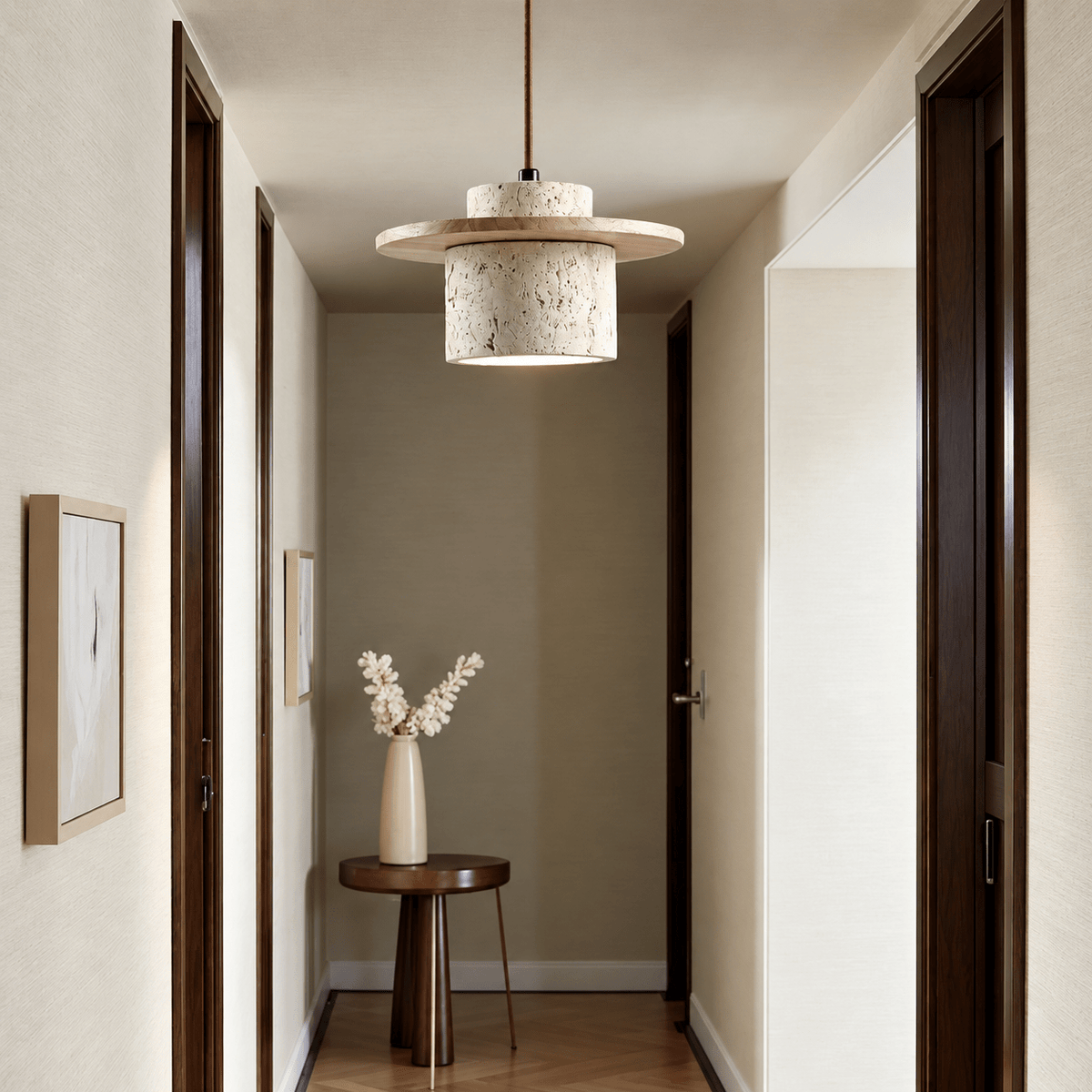 Travertine Stone Pendant Light with Round Wood Trim Disc - Pendant Light Fixtures - Light Brown - Seravelle Home