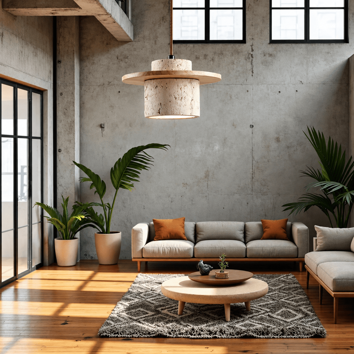 Travertine Stone Pendant Light with Round Wood Trim Disc - Pendant Light Fixtures - Light Brown - Seravelle Home