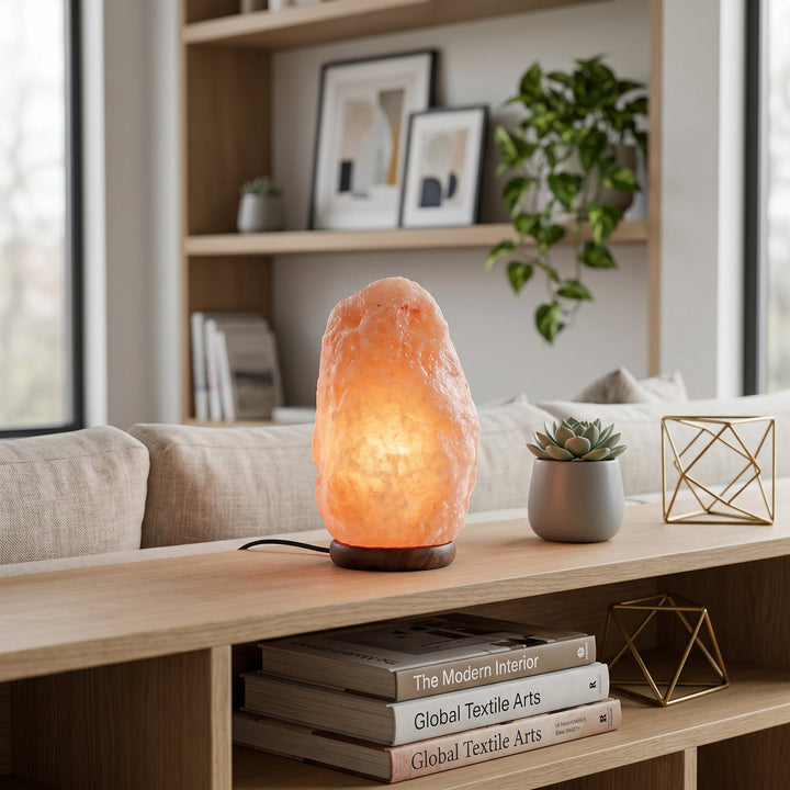 Table Lamp in Himalayan Salt Look with Wooden Base