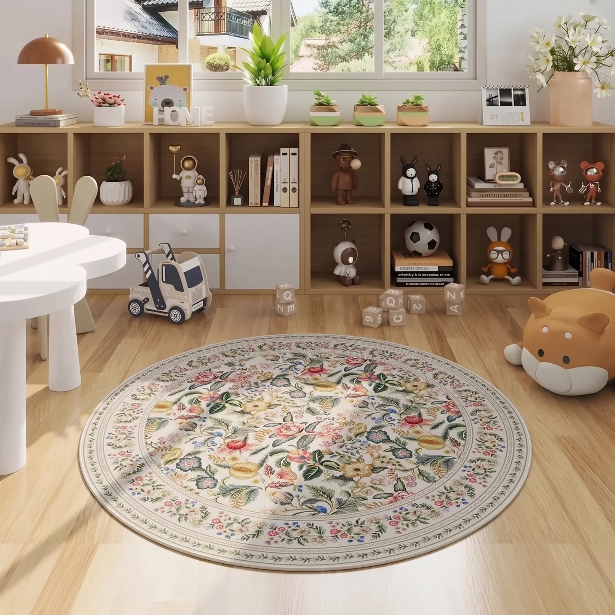 Vintage Botanical Chinoiserie Floral Print Round Rug - Floor Mat - Beige - Seravelle Home