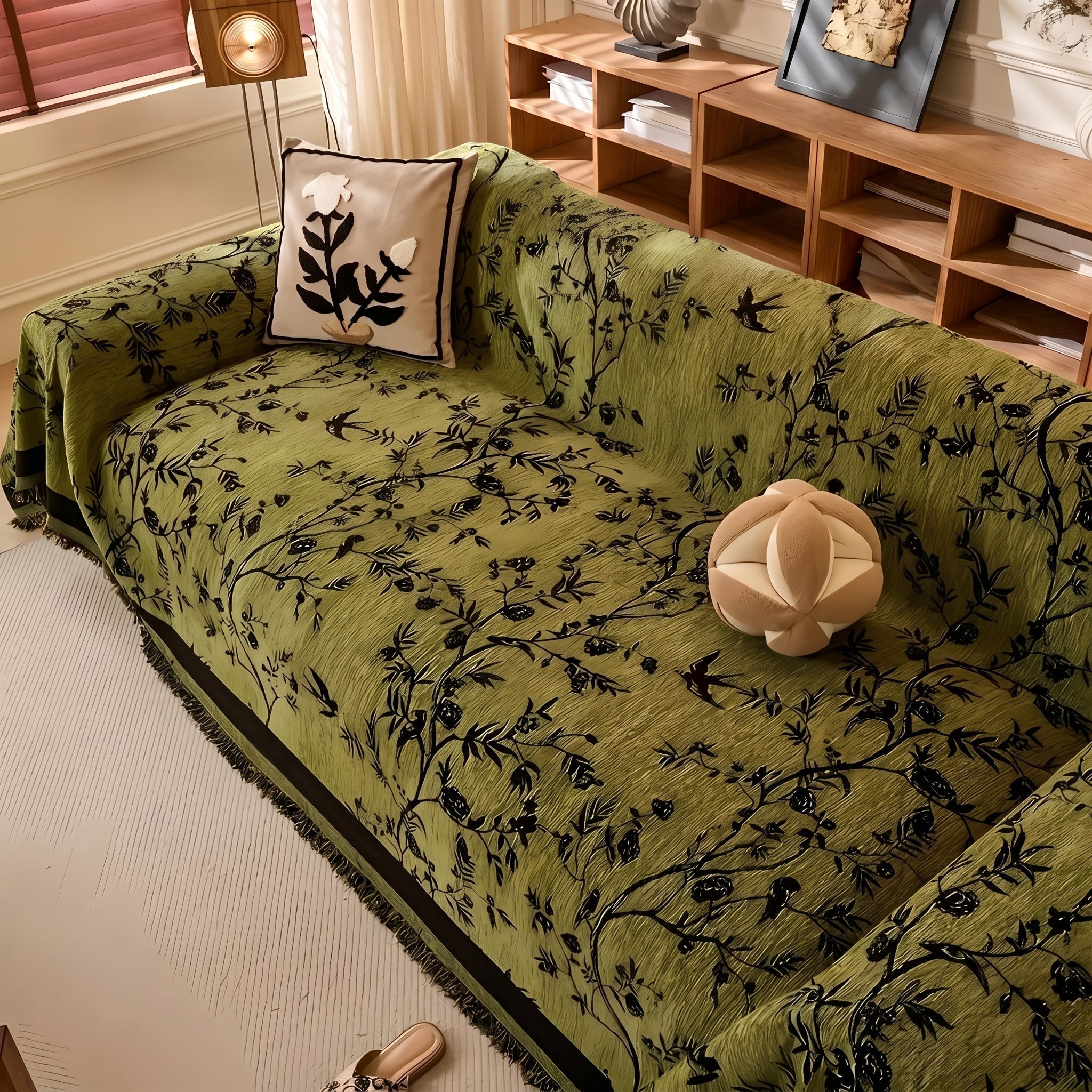Vintage Style Sofa Cover with Botanical Pattern - Sofa Covers - Olive Green - Seravelle Home