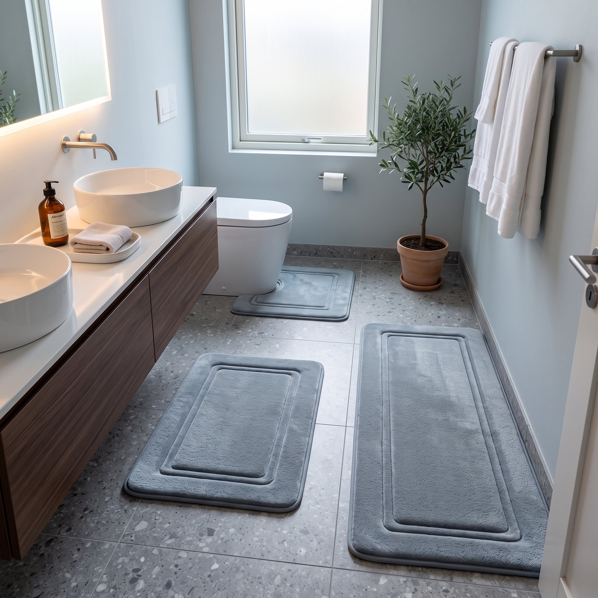 Washable Bathroom Rug with Framed Border Pattern - Washable Rugs - Grey - Seravelle Home