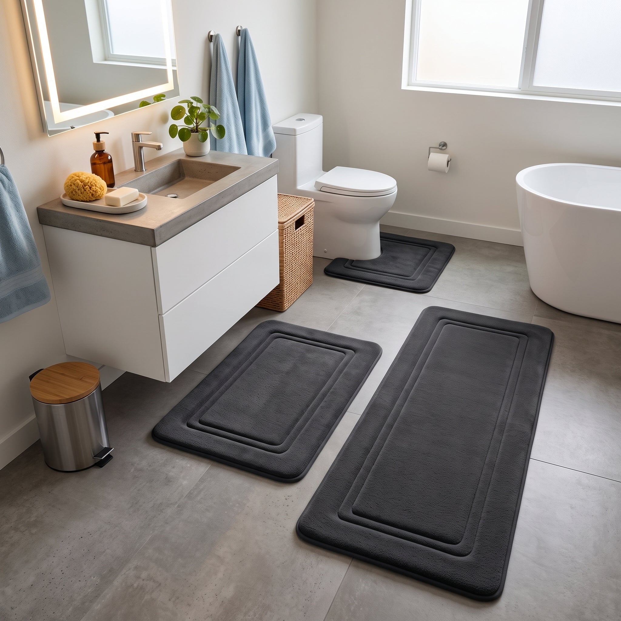 Washable Bathroom Rug with Framed Border Pattern - Washable Rugs - Black - Seravelle Home