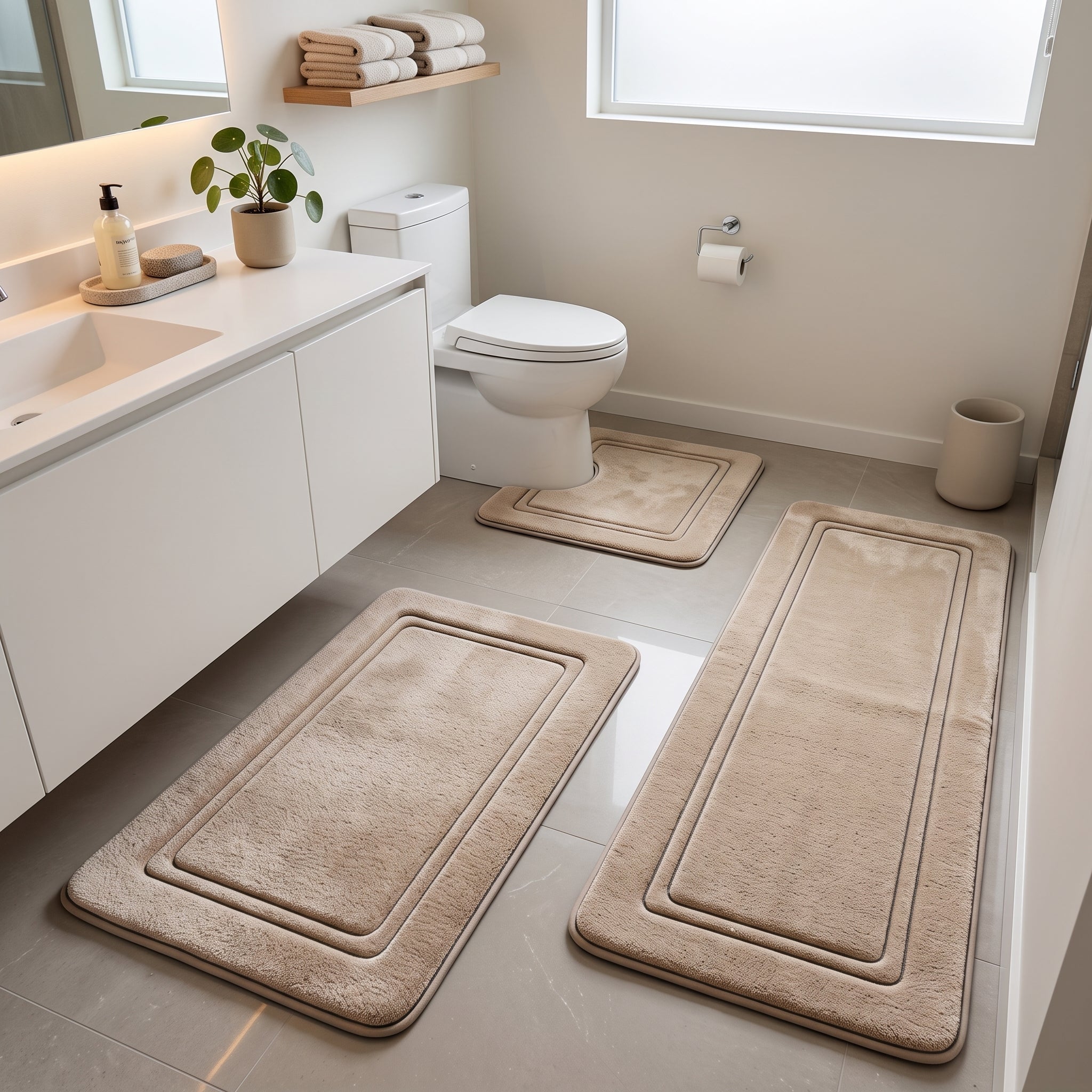 Washable Bathroom Rug with Framed Border Pattern - Washable Rugs - Beige - Seravelle Home