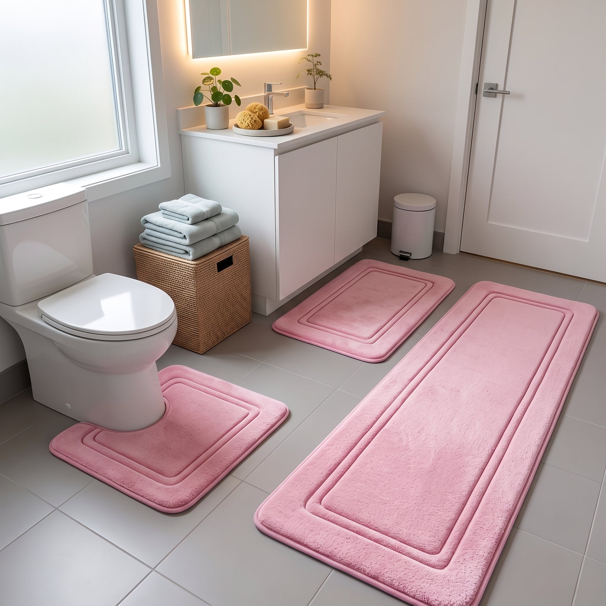 Washable Bathroom Rug with Framed Border Pattern - Washable Rugs - Pink - Seravelle Home