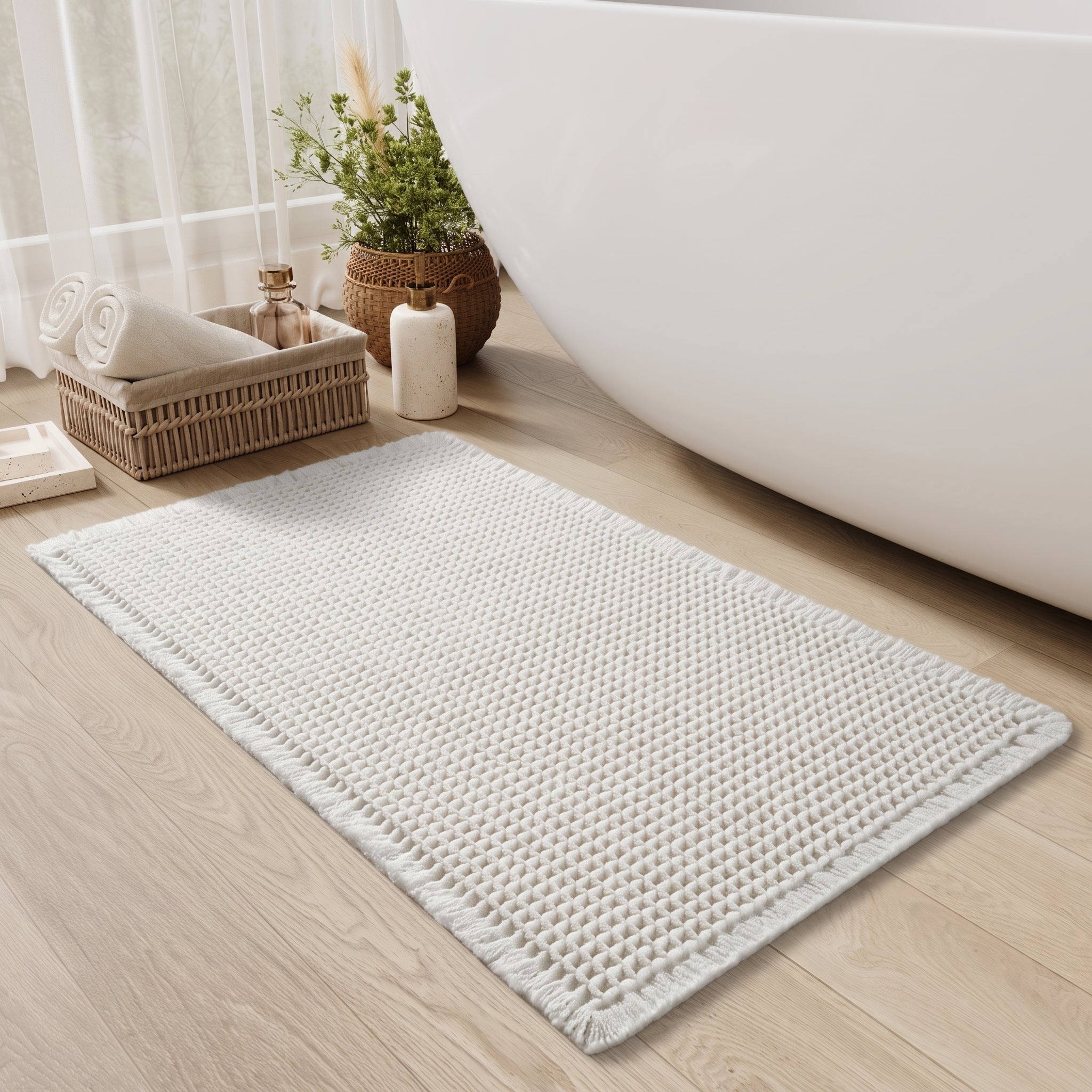 Washable Bathroom Rug with Waffle Design - Washable Rug - White - Seravelle Home