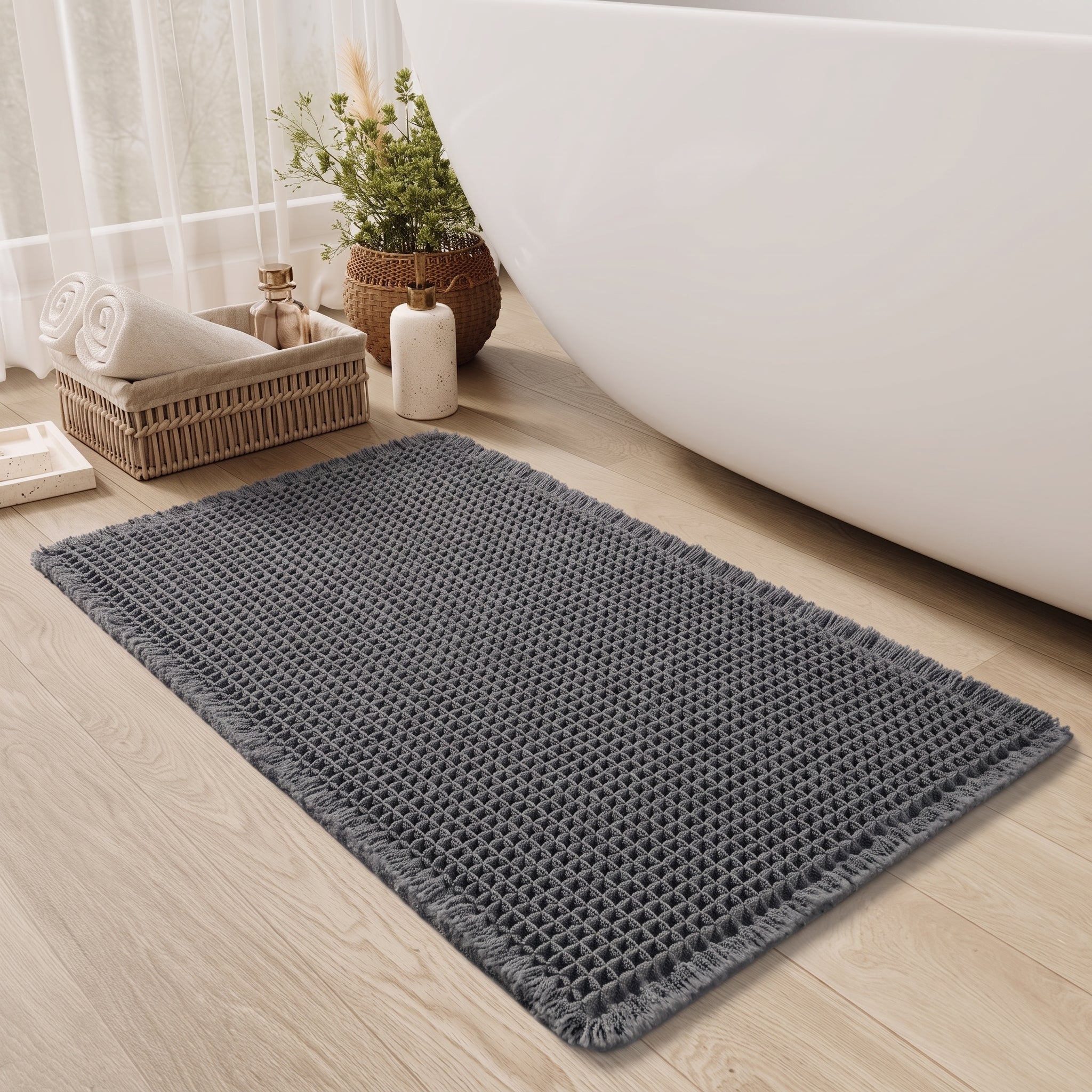Washable Bathroom Rug with Waffle Design - Washable Rug - Dark Grey - Seravelle Home
