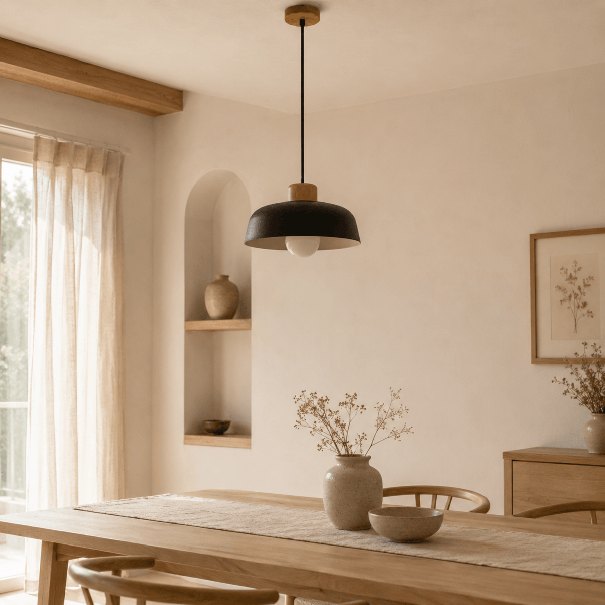Wood and Metal Dome Pendant Light - Pendant Light Fixtures - Black - Seravelle Home