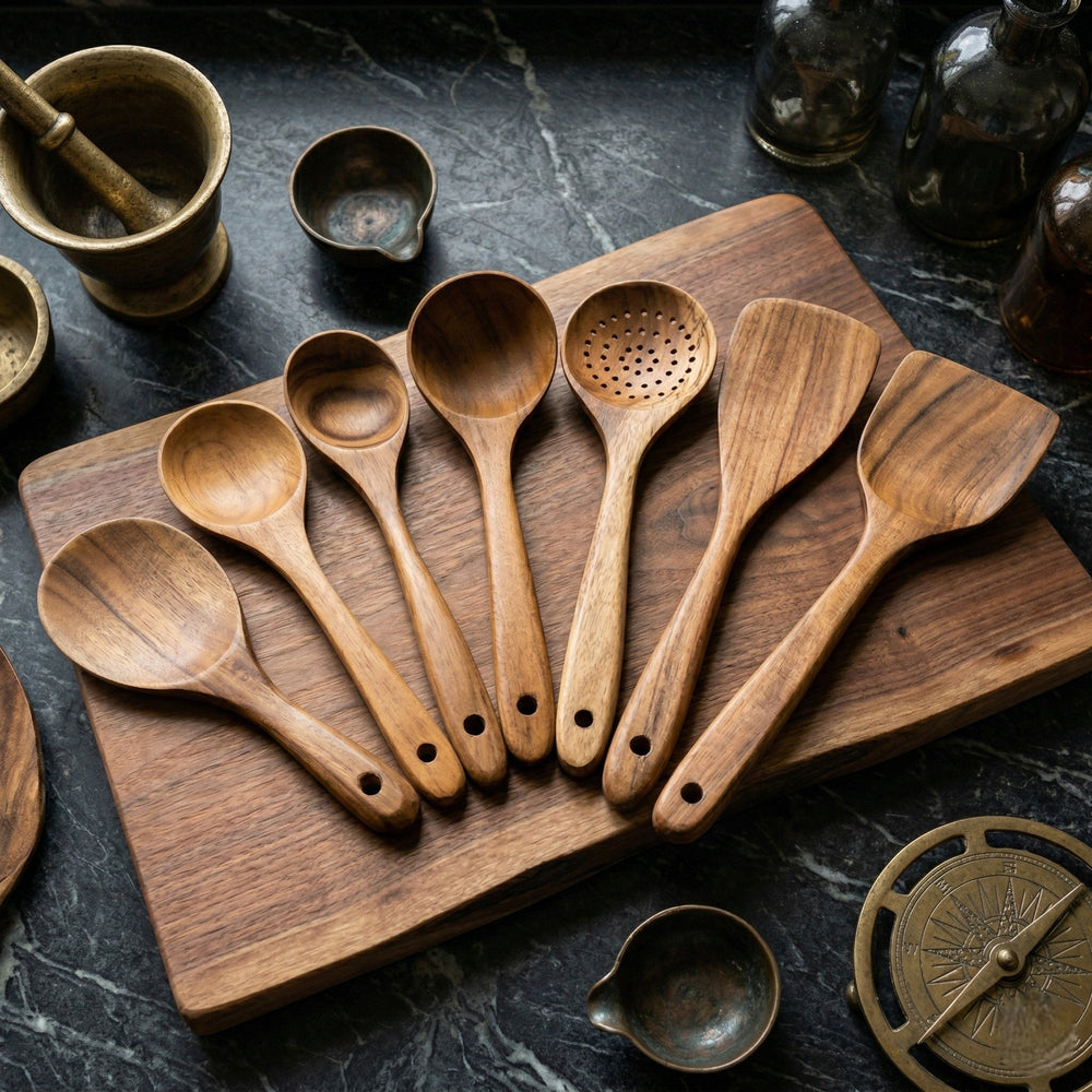 Wooden cooking utensil set with various kitchen tools - Utensil Set - Seravelle Home