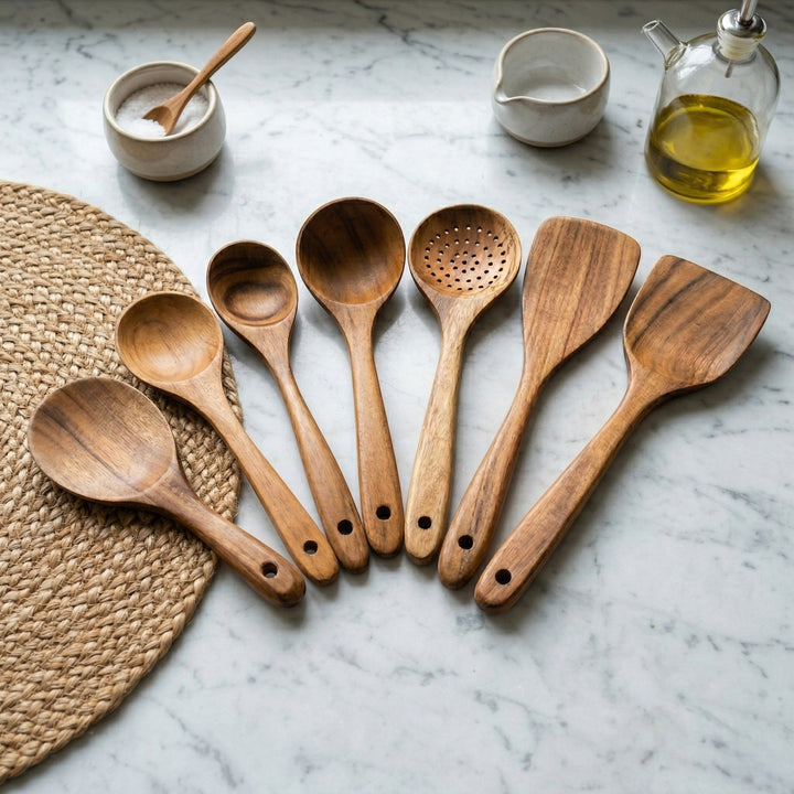 Wooden cooking utensil set with various kitchen tools - Utensil Set - Seravelle Home
