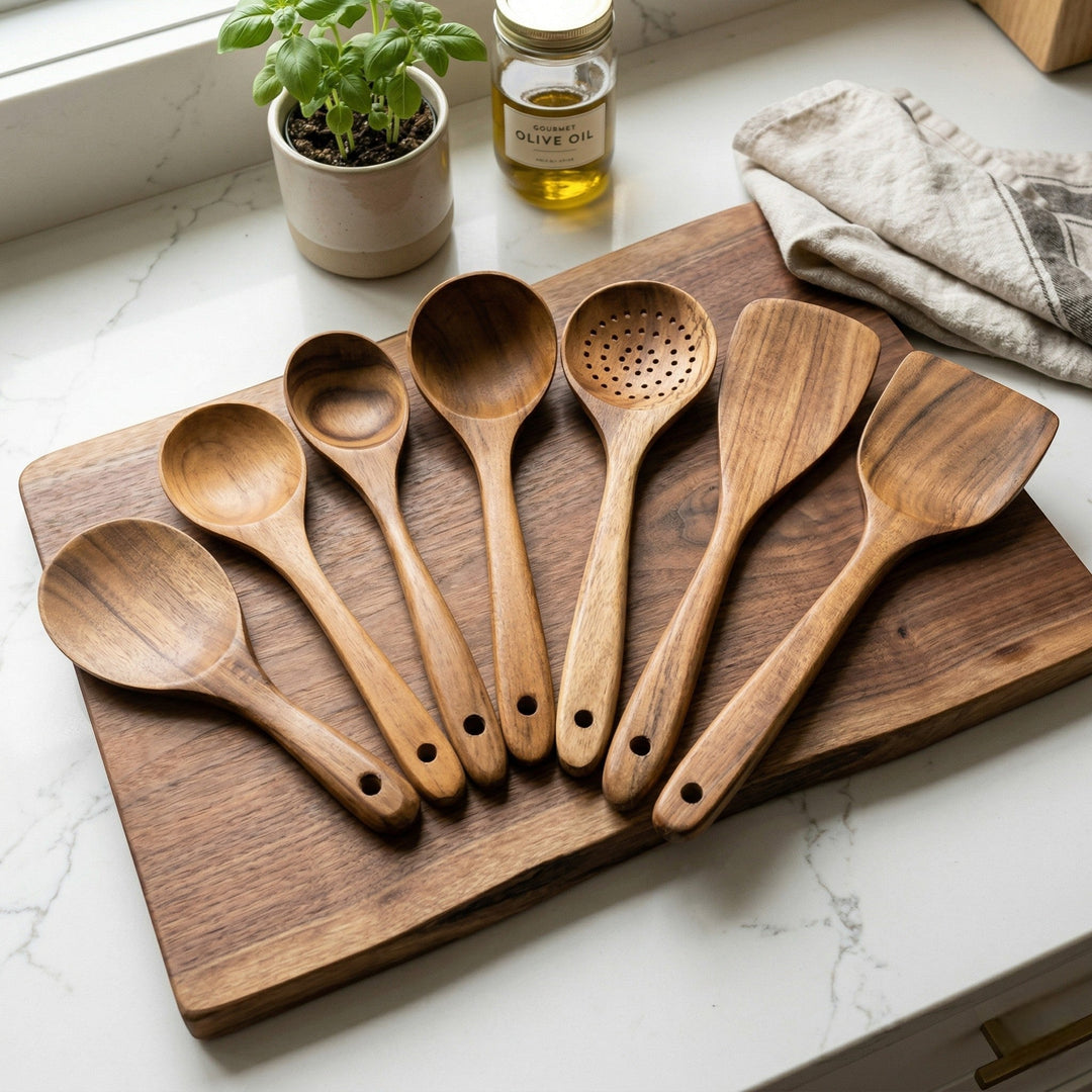 Wooden cooking utensil set with various kitchen tools - Utensil Set - Seravelle Home