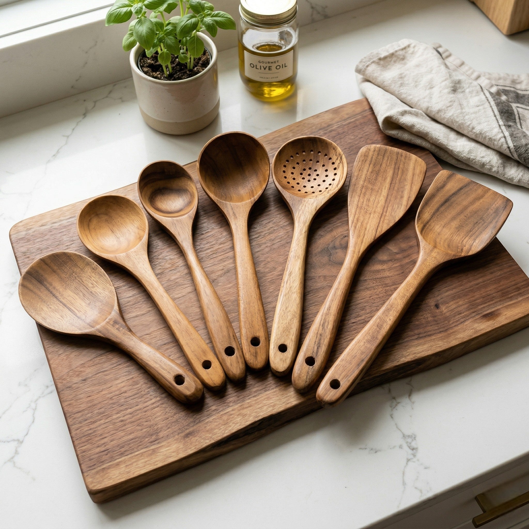 Wooden cooking utensil set with various kitchen tools - Utensil Set - Seravelle Home