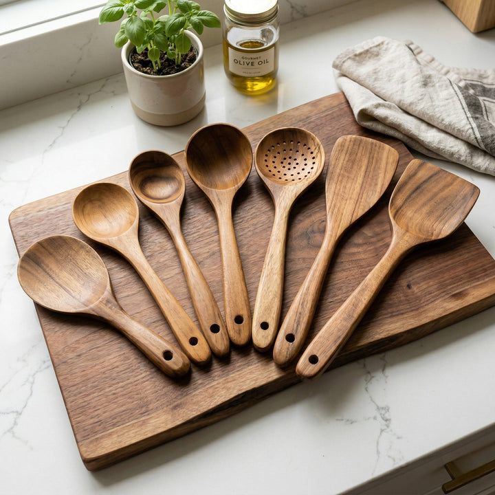 Wooden cooking utensil set with various kitchen tools - Utensil Set - Seravelle Home