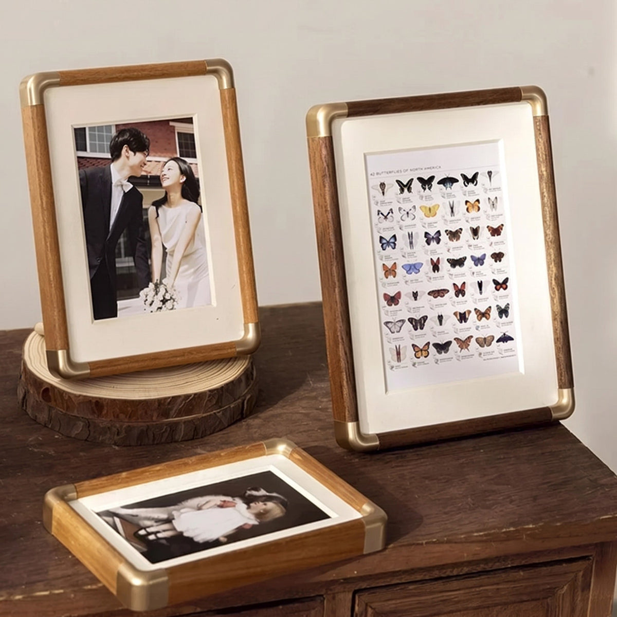 Wooden Picture Frame with Gold Corner Accents - Picture Frames - Teak - Seravelle Home