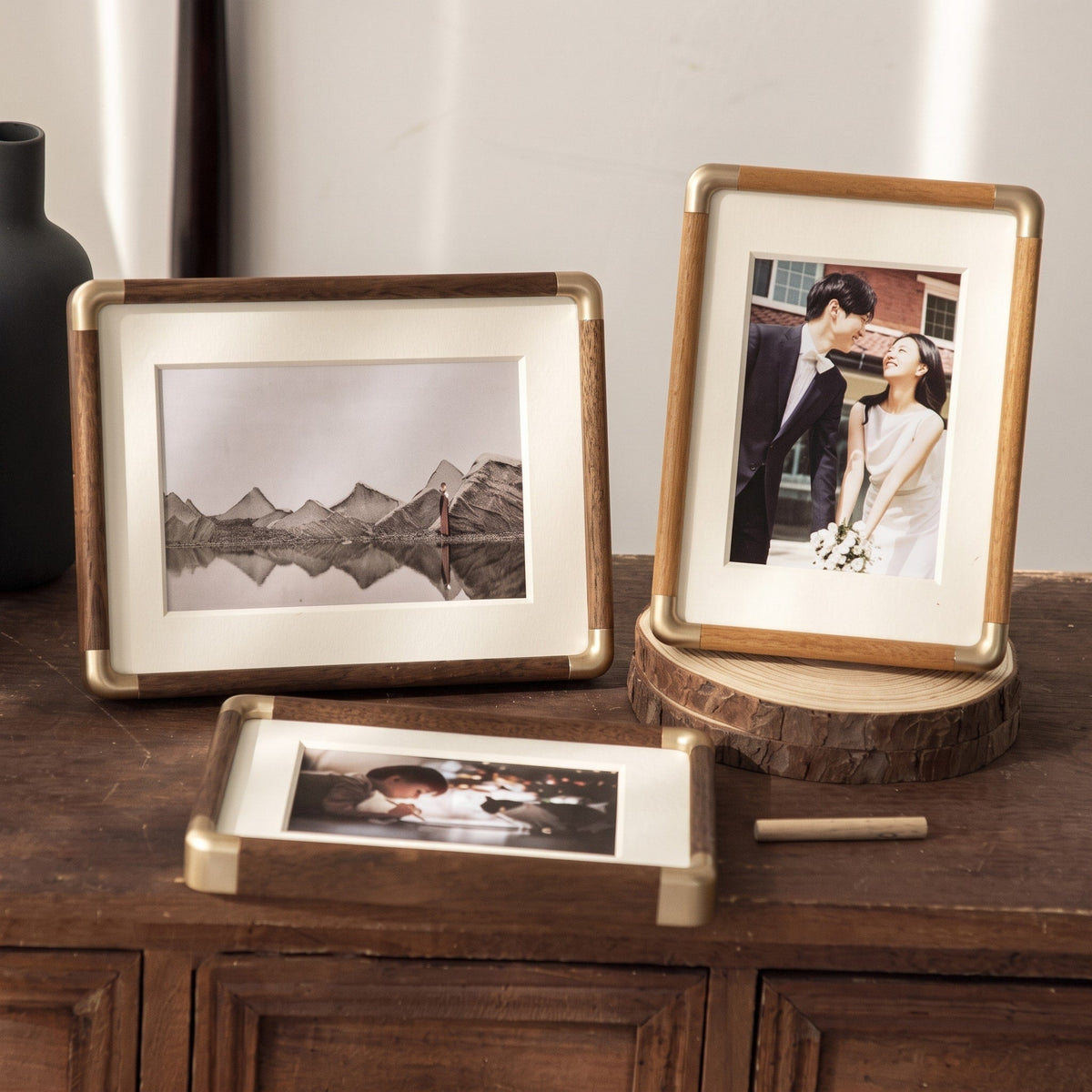 Wooden Picture Frame with Gold Corner Accents - Picture Frames - Teak - Seravelle Home