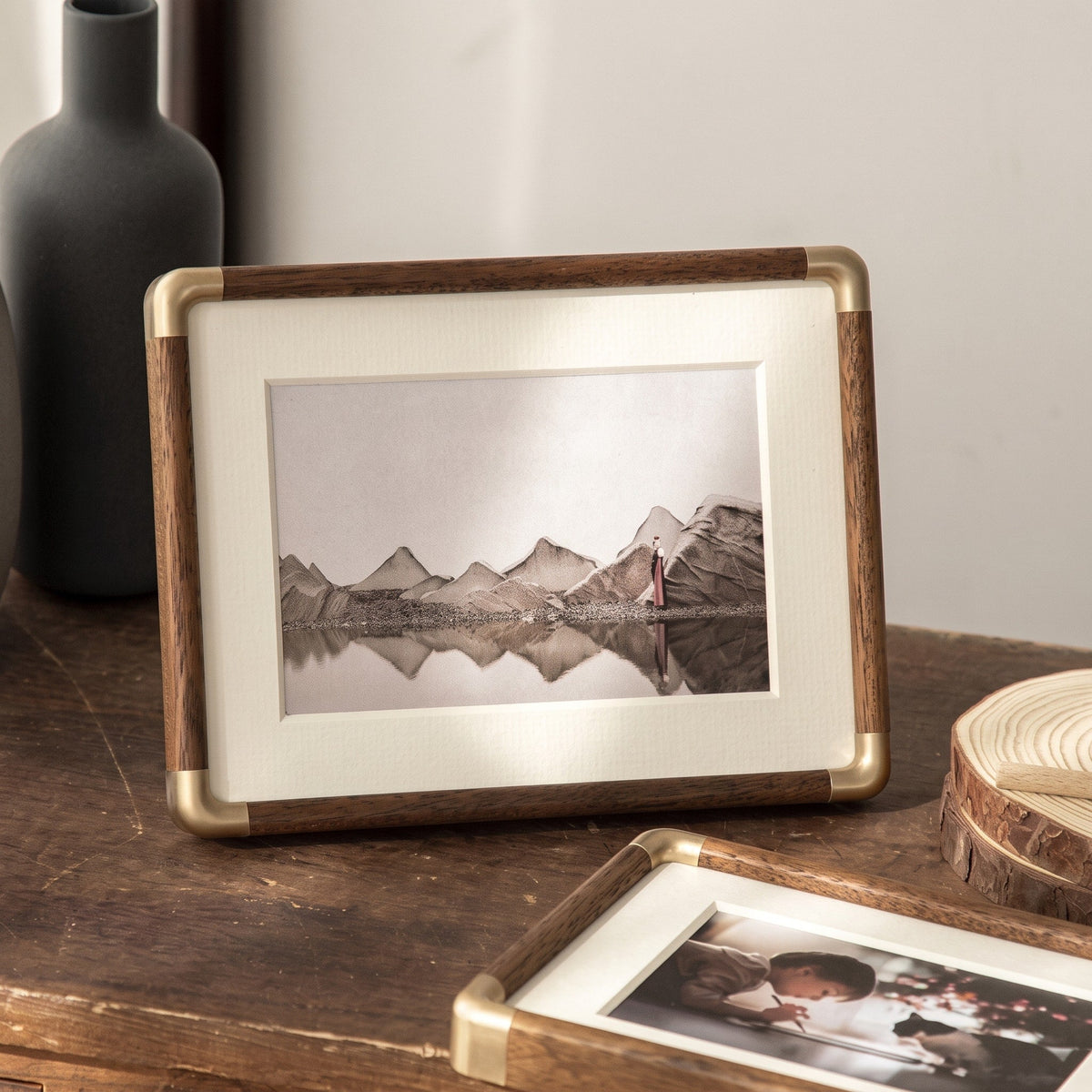 Wooden Picture Frame with Gold Corner Accents - Picture Frames - Black Walnut - Seravelle Home