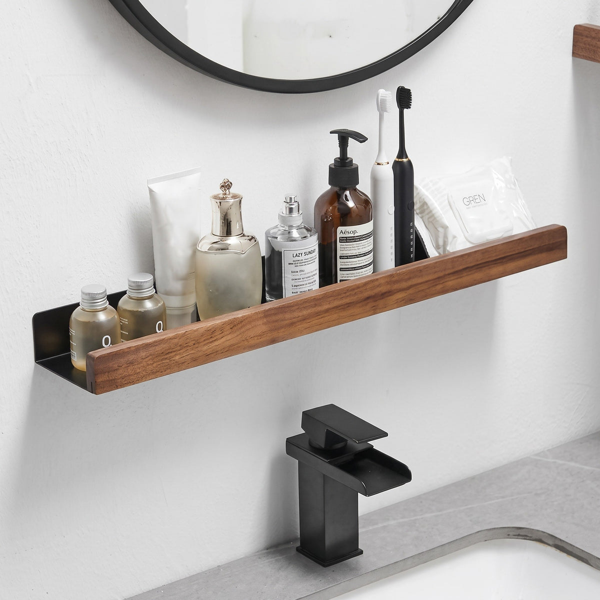 Wooden Wall Shelf with Metal Bracket for Bathroom Storage - Rack Wall Shelves & Ledges - Brown - Seravelle Home
