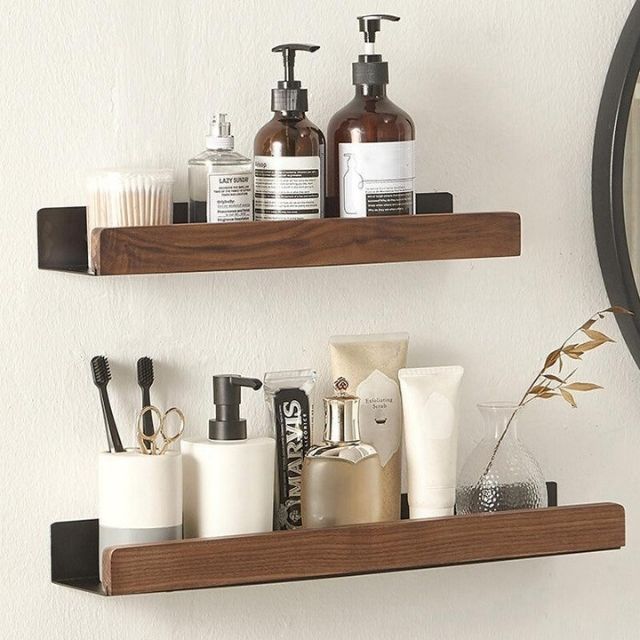 Wooden Wall Shelf with Metal Bracket for Bathroom Storage - Rack Wall Shelves & Ledges - Brown - Seravelle Home