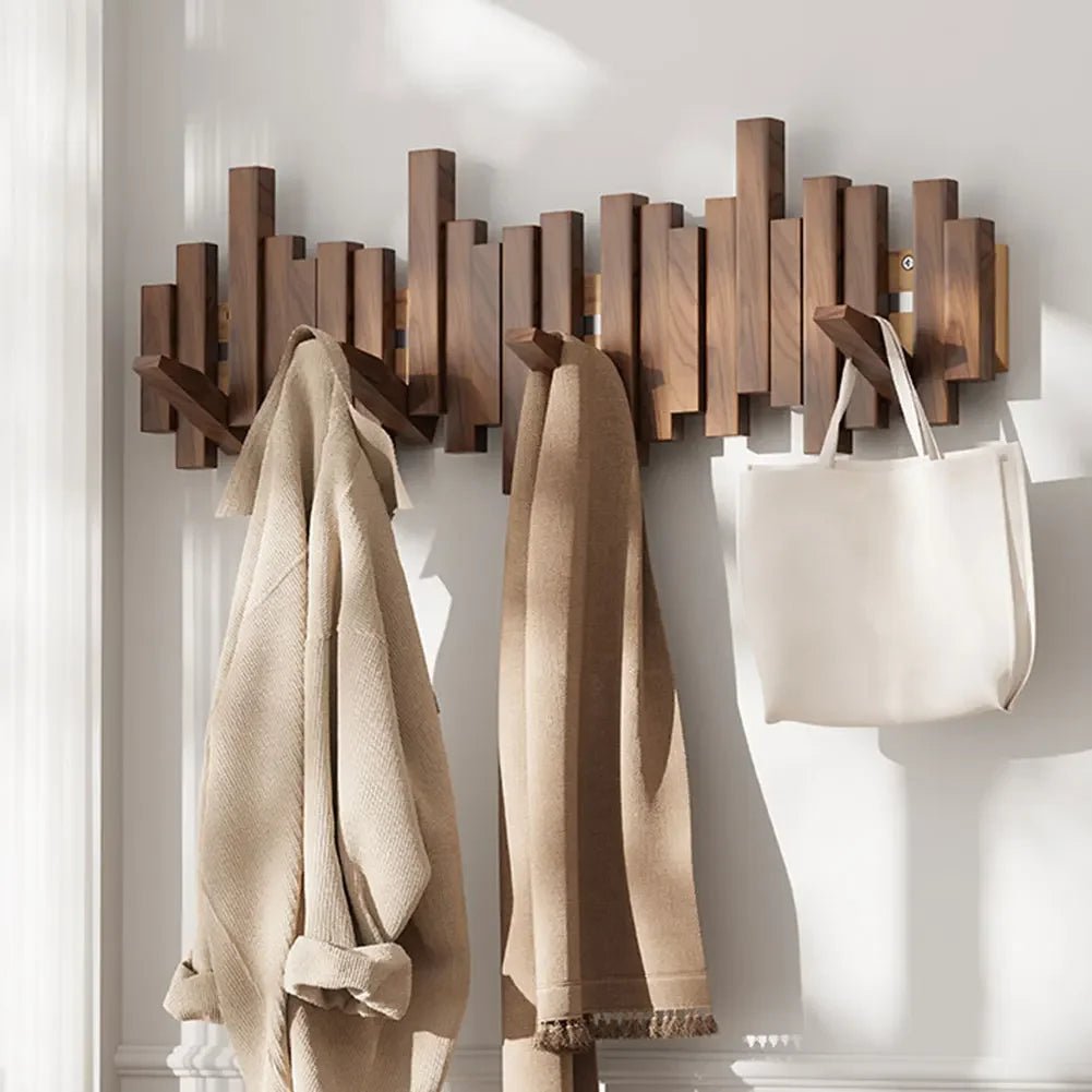 Wooden Wall Mounted Coat Rack with Folding Hooks