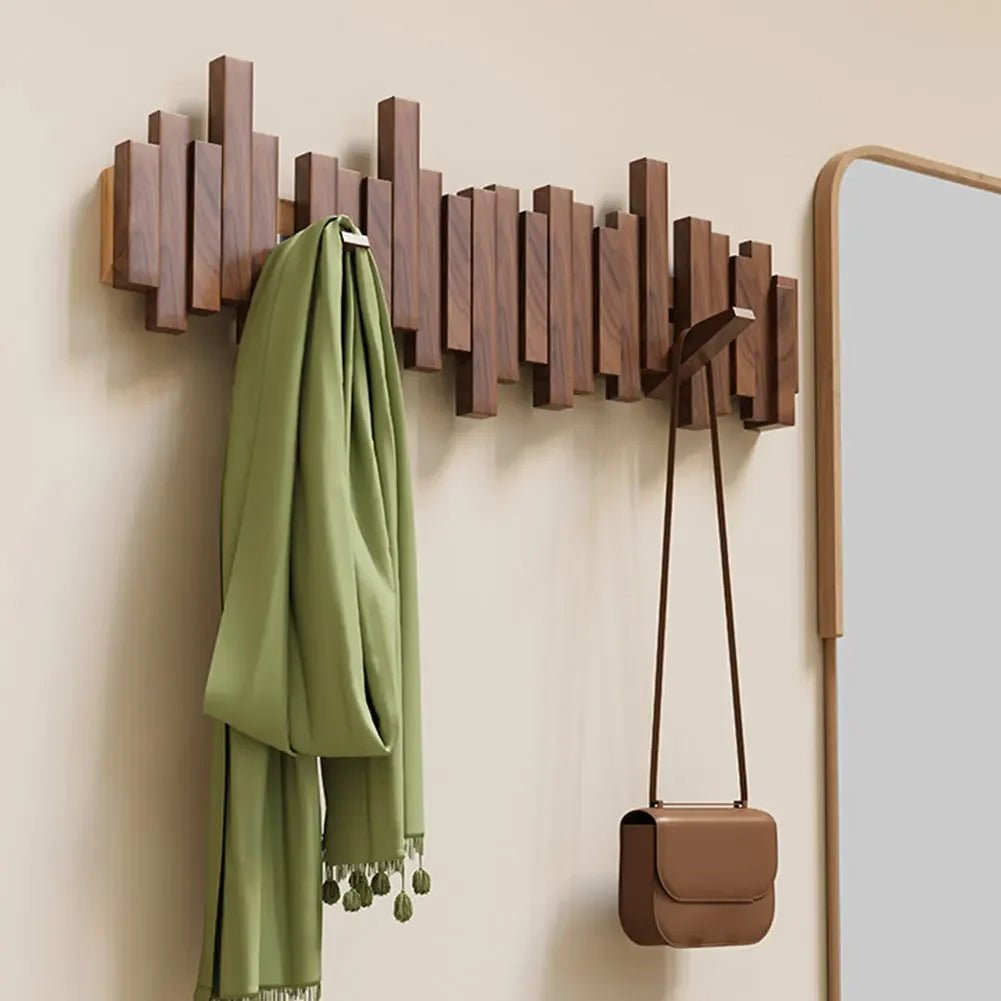 Wooden Wall Mounted Coat Rack with Folding Hooks
