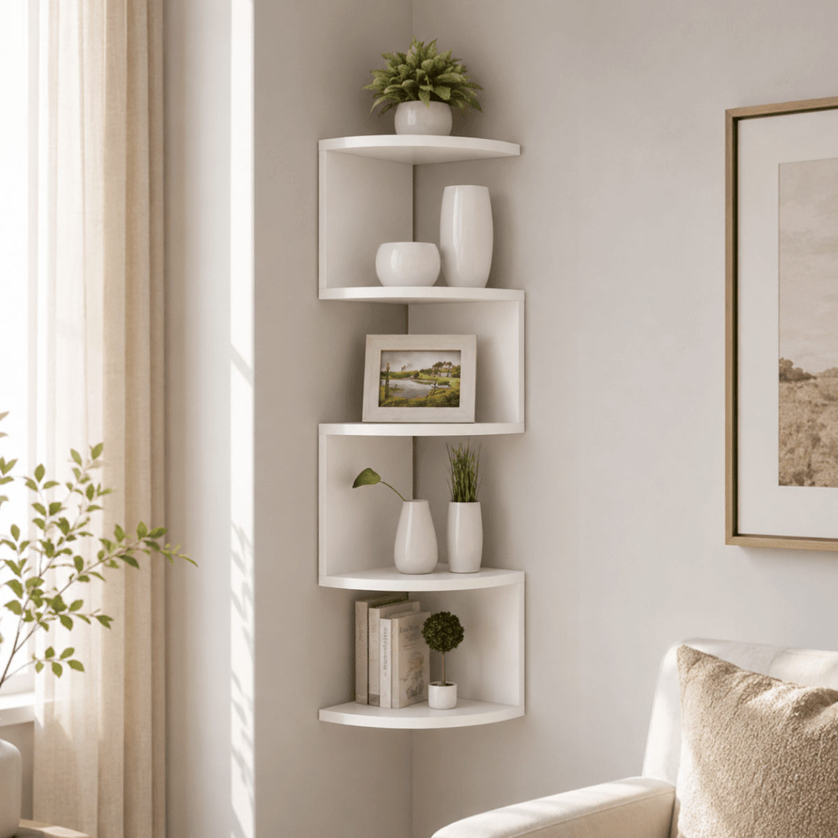 Zigzag Floating Corner Shelf 5 Tier Wall Mounted Display Unit - Corner Wall Shleves & Ledges - White - Seravelle Home
